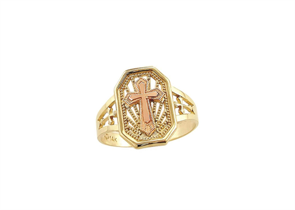 Two Tone Plated Filigree Cross Catholic Ring